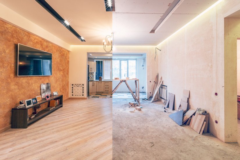 “Side-by-side comparison of a home interior before and after remodeling. The ‘before’ image shows an outdated, cluttered space, while the ‘after’ image reveals a modern, renovated room with updated flooring, fresh paint, new fixtures, and improved lighting, highlighting the transformation achieved through remodeling.