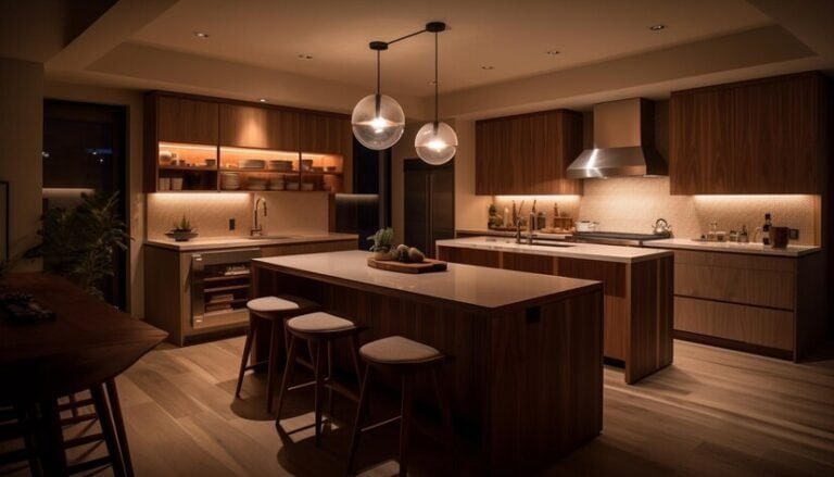 A kitchen featuring a central island surrounded by wooden cabinets. The design blends functionality and warmth, with the island serving as both a workspace and gathering spot. The wooden cabinetry adds a natural, classic touch to the kitchen’s overall style.