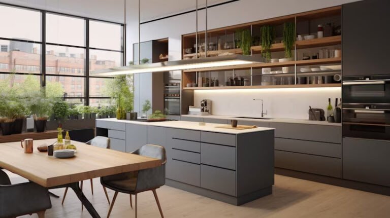 A modern kitchen featuring a large window that allows natural light to brighten the space. The kitchen has sleek cabinetry, contemporary fixtures, and a wooden floor that adds warmth to the design. The open layout creates a functional yet stylish cooking and dining area