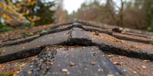 A close-up view of a roof with patches of green moss growing across its surface. The moss appears along the shingles, highlighting the effects of moisture buildup and lack of maintenance. The texture shows how organic growth can damage roofing materials over time.