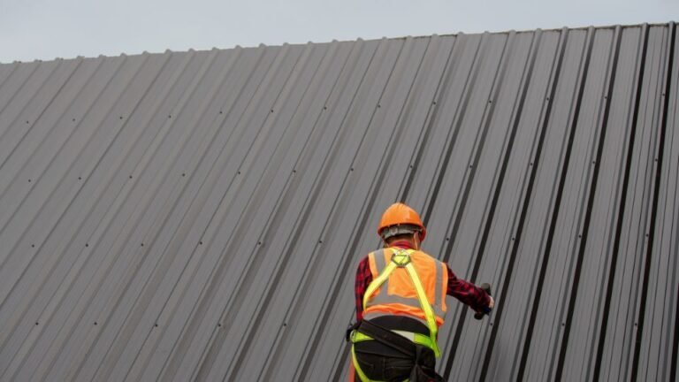 A construction worker on a roof with a ladder positioned against the side of the house. The worker appears to be performing maintenance or installation, equipped with tools and safety gear to ensure secure access while working at height.