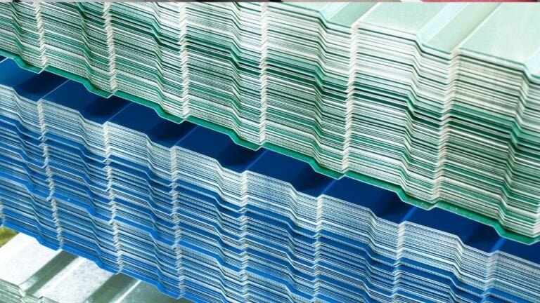 Colorful corrugated roofing sheets stacked together, featuring shades of red, blue, green, and gray. The wavy metal panels highlight durability, weather resistance, and aesthetic options for residential, commercial, or industrial roofing projects.