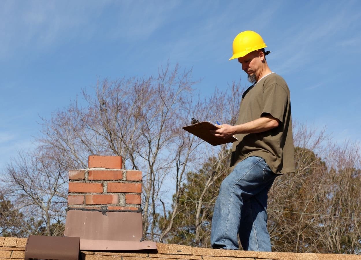 A man wearing a hard hat and a bright yellow safety vest standing on top of a brick chimney. He appears to be performing an inspection or construction work. The surrounding roof is visible, and the man is positioned carefully, emphasizing safety while working at height.