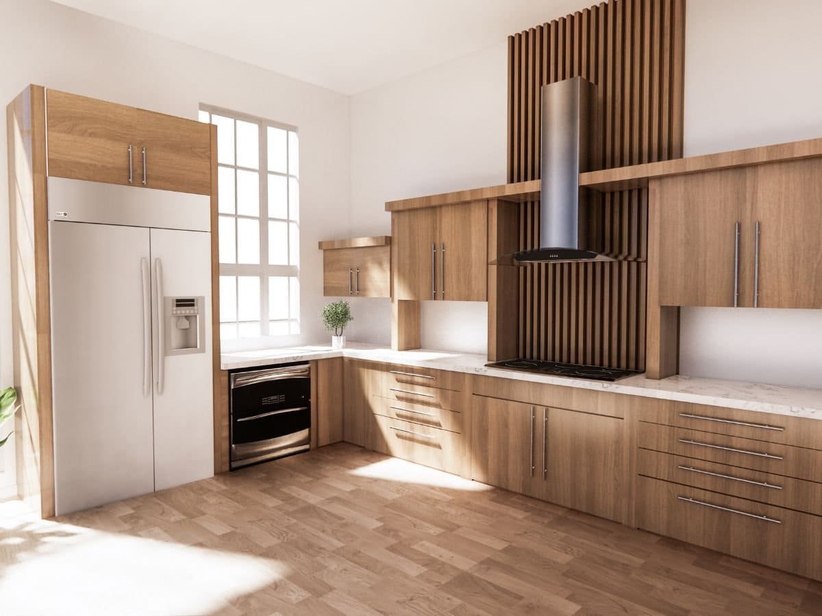 A kitchen featuring warm wooden cabinets paired with modern appliances, such as a stove, oven, and refrigerator. The space is designed with clean lines and a functional layout, possibly including a countertop or island. Natural or artificial lighting highlights the wood grain and the sleek surfaces of the appliances, creating a cozy and contemporary atmosphere.