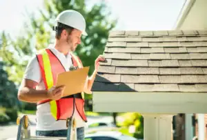 A construction worker in Seattle, WA, wearing a hard hat and bright safety vest, stands at the side of a roof holding a clipboard. He appears to be conducting a roof inspection, taking notes and observing the structure with a focused expression. The background shows part of the building and clear daylight conditions.