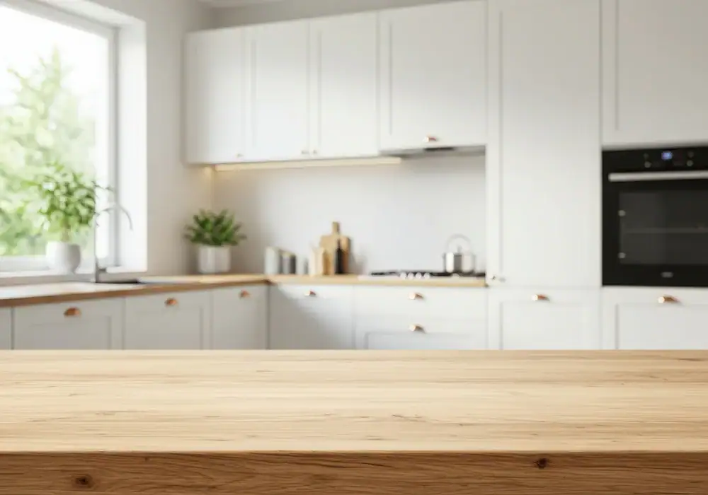 A wooden countertop in the foreground with a modern, bright kitchen in the background featuring white cabinets, built-in appliances, and a large window.