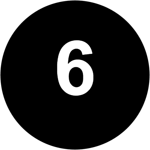A black circle with the white number 6 centered in the middle, perfect for representing top Kitchen Remodeling Contractors Seattle.