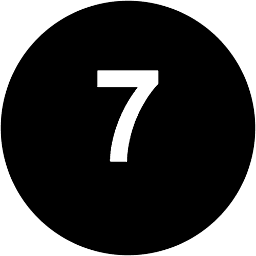 A large white number 7 is centered on a solid black circular background, resembling the precision and bold style often seen in top Kitchen Remodeling Contractors Seattle designs.