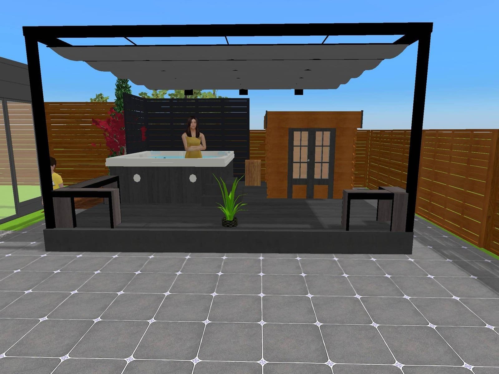 A covered outdoor patio features a hot tub, two benches, a small plant, and a woman standing inside.