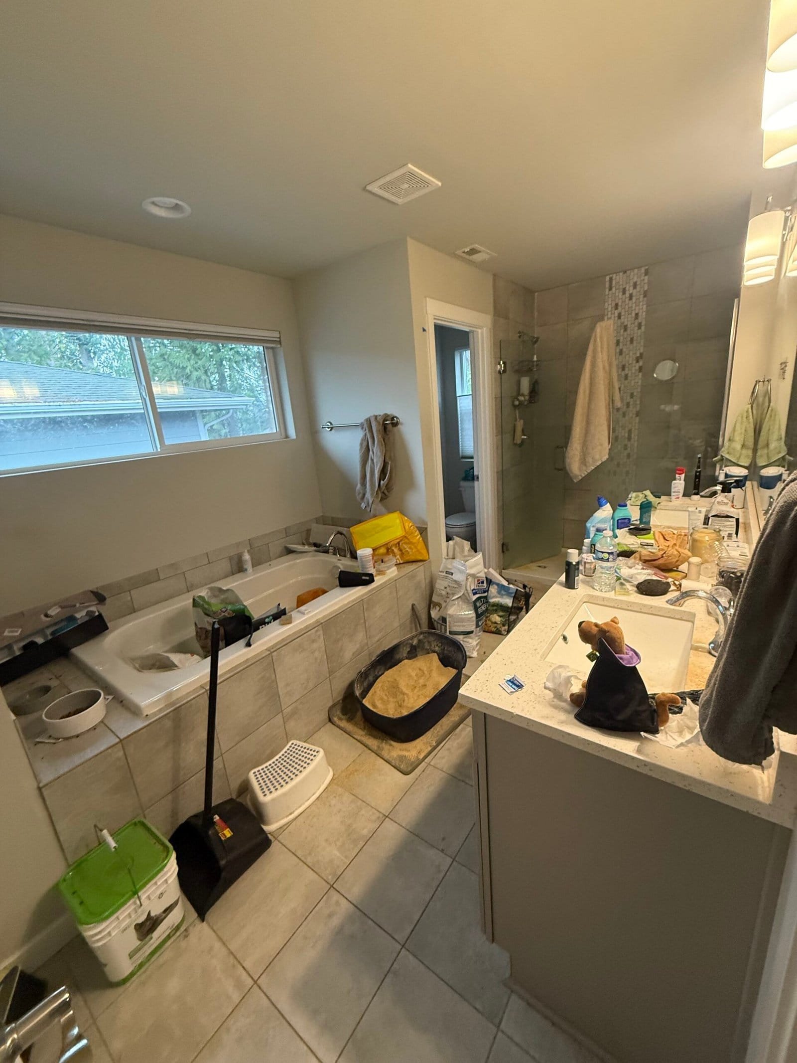 A cluttered bathroom features a bathtub, litter box, sink, and cleaning supplies scattered around the space.