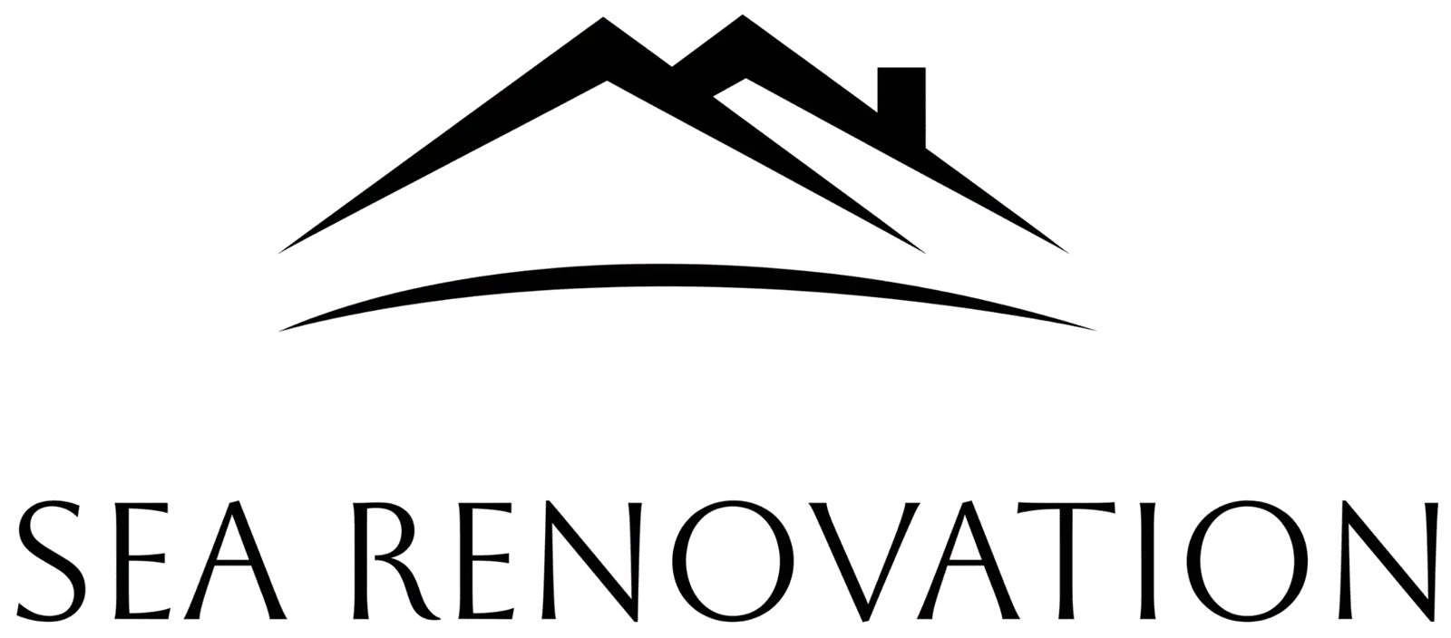 Black outline of a stylized house roof with a chimney above a curved line, symbolizing a horizon, with the text "SEA RENOVATION" in bold capital letters below.