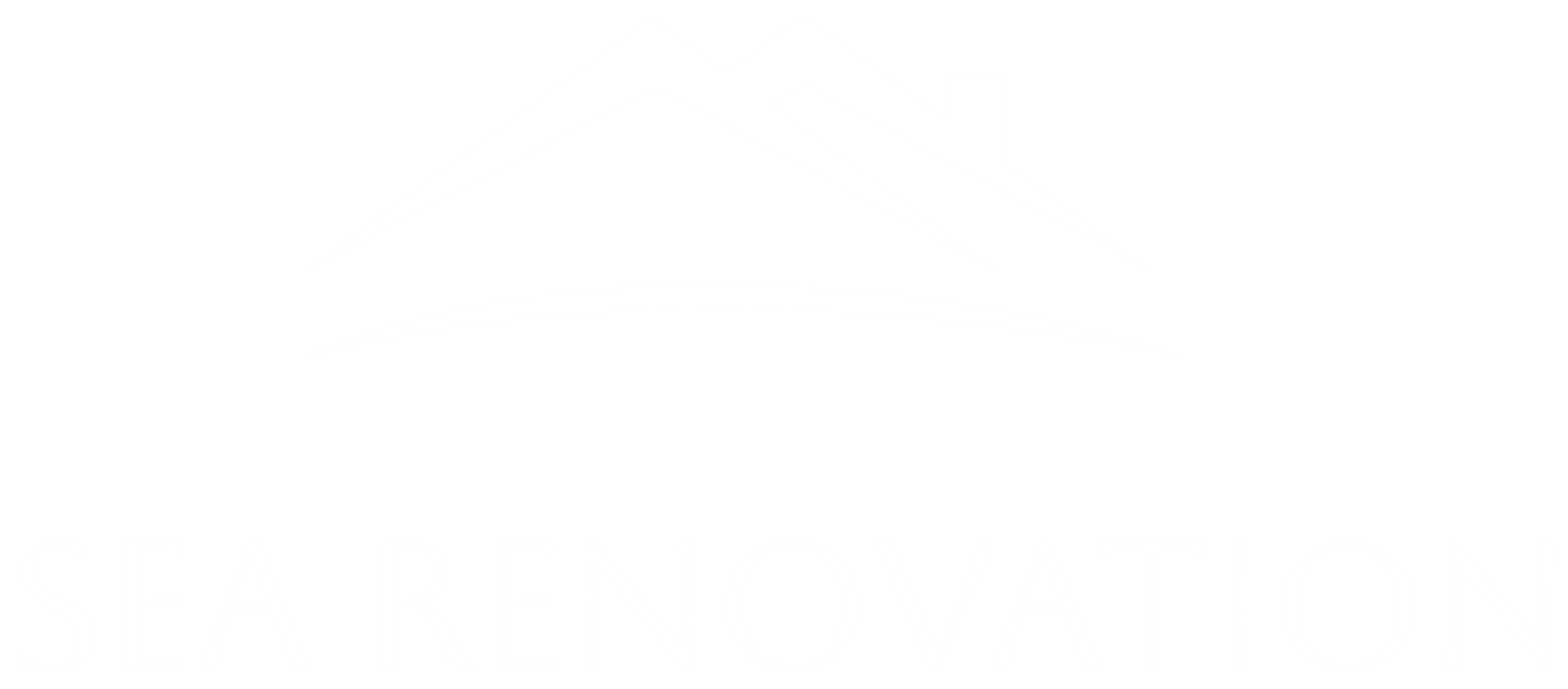 A minimalist logo with white outlines of rooftops above the words "SEA RENOVATION" on a light gray background.