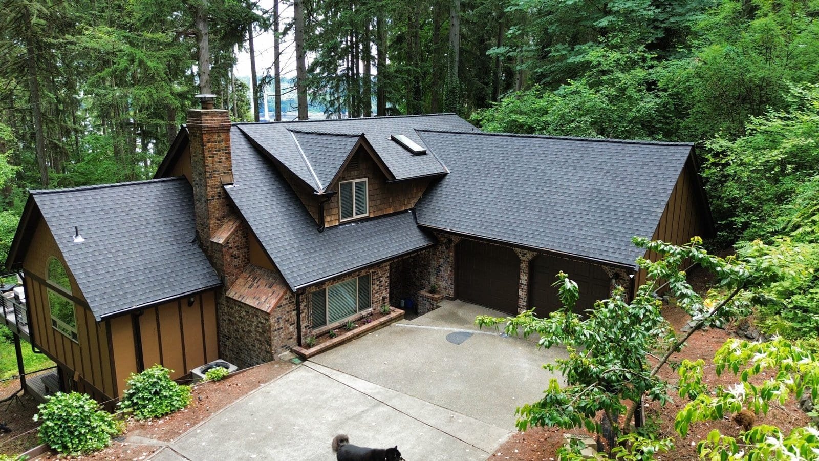 A brown house with a dark roof is surrounded by tall trees and greenery, featuring a concrete driveway.