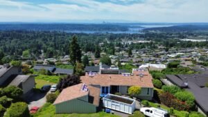 Aerial view of a residential neighborhood with lush greenery and distant city skyline.
