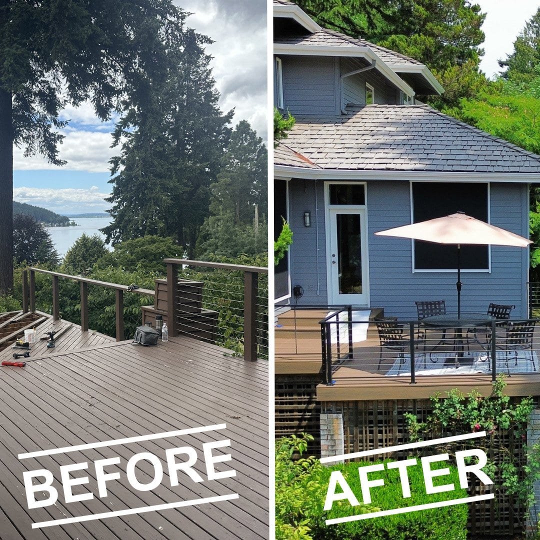 Split image of deck renovation shows a before and after with new furniture and a large patio umbrella.