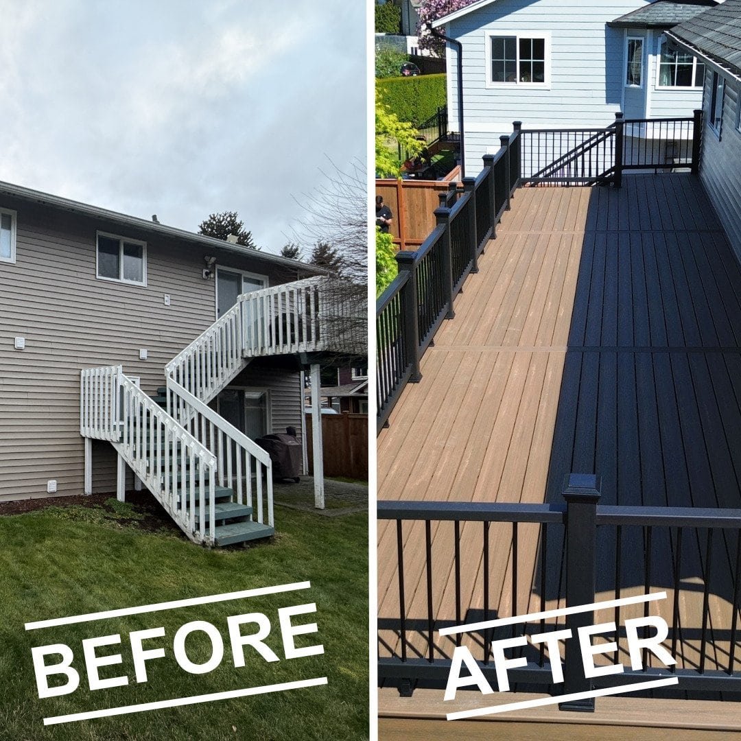 Side-by-side house photos show an old white staircase before and a new brown deck with black railings after.