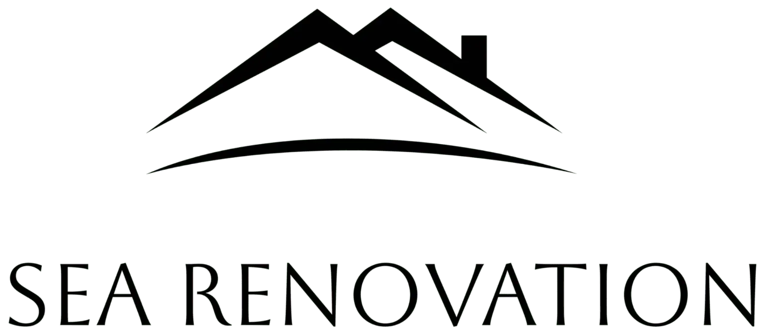 A black house roof silhouette appears above bold "SEA RENOVATION" lettering, ideal for home improvement brands.