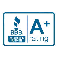 BBB Accredited Business logo features an A+ rating in bold blue text on a white background.
