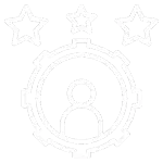 Icon of a person inside a gear with three stars above, representing achievement or high performance.