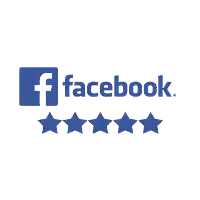 Facebook logo with the word "facebook" and five blue stars below, showing a perfect Facebook rating.