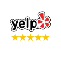 Yelp logo appears above five yellow stars, visually representing a five-star Yelp rating or review.