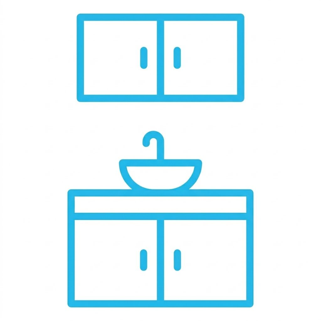 Blue outline icons show a kitchen sink cabinet with faucet and a wall-mounted cabinet on white background.