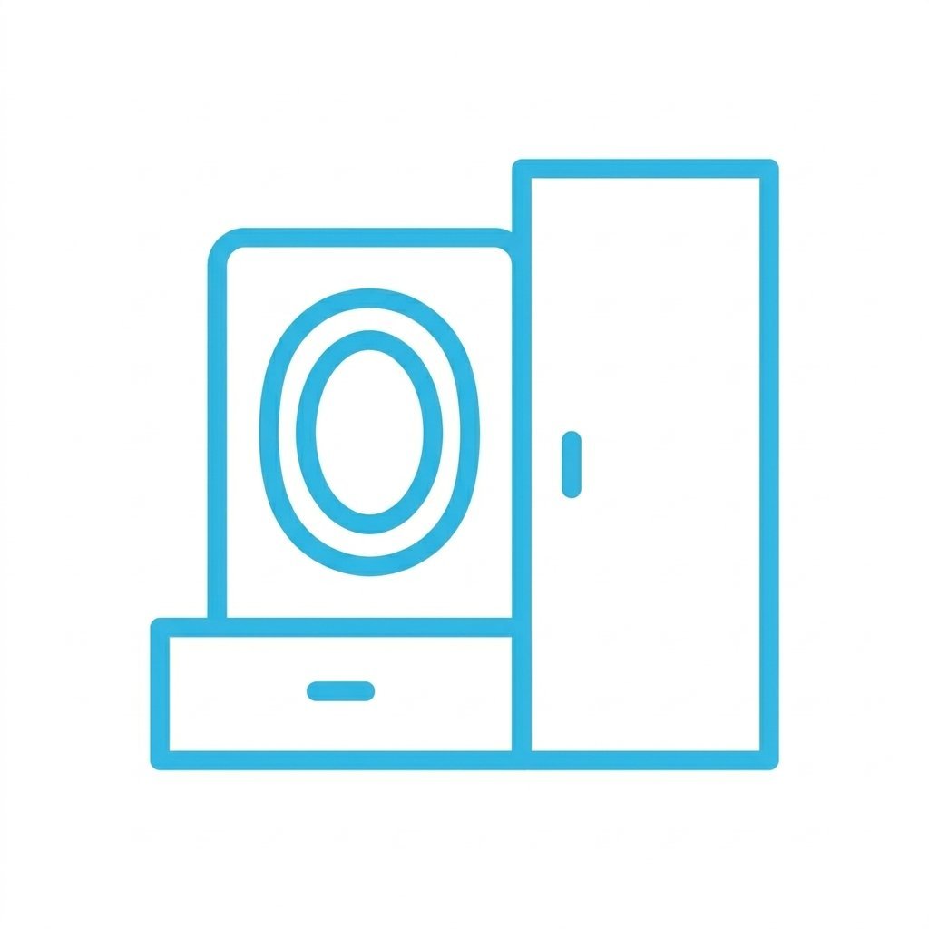 Blue line icon shows a wardrobe with a drawer and mirror on a white background for home decor needs.