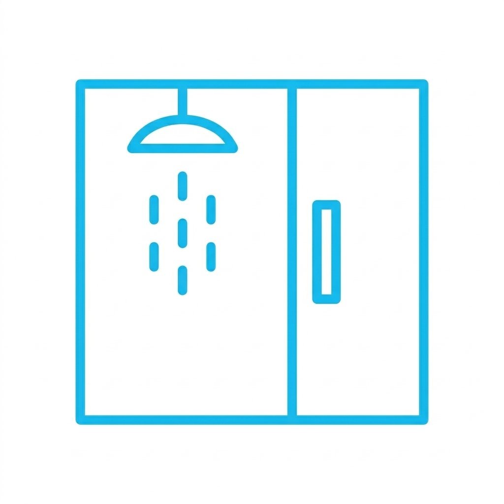 Blue line icon featuring a shower with water droplets inside a stall, displayed on a white background.