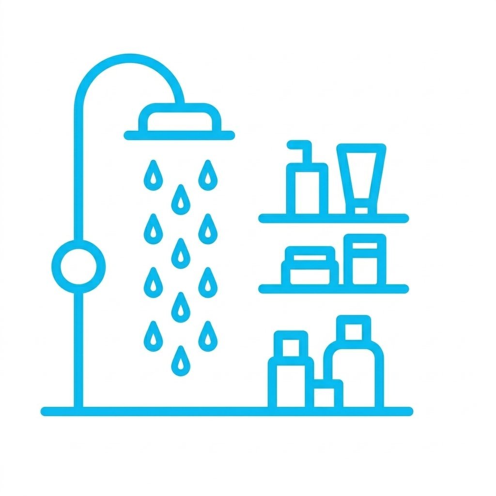 Blue line drawing of a shower with water drops, shelves, bottles, and toiletries on a white background.