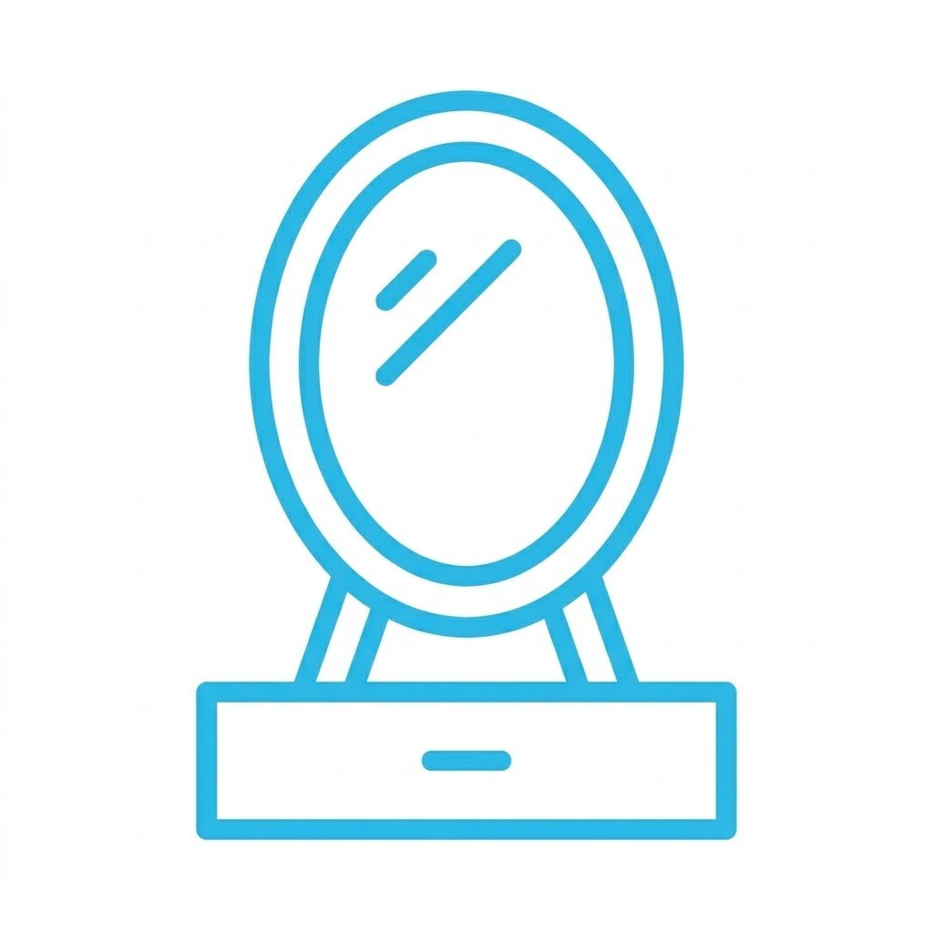 Blue outline icon of an oval mirror on a stand with a drawer, shown against a white background.