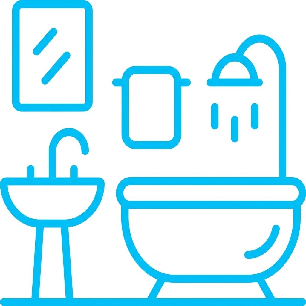 Blue outline drawing of a bathroom with a sink, mirror, towel, shower, and bathtub visible.