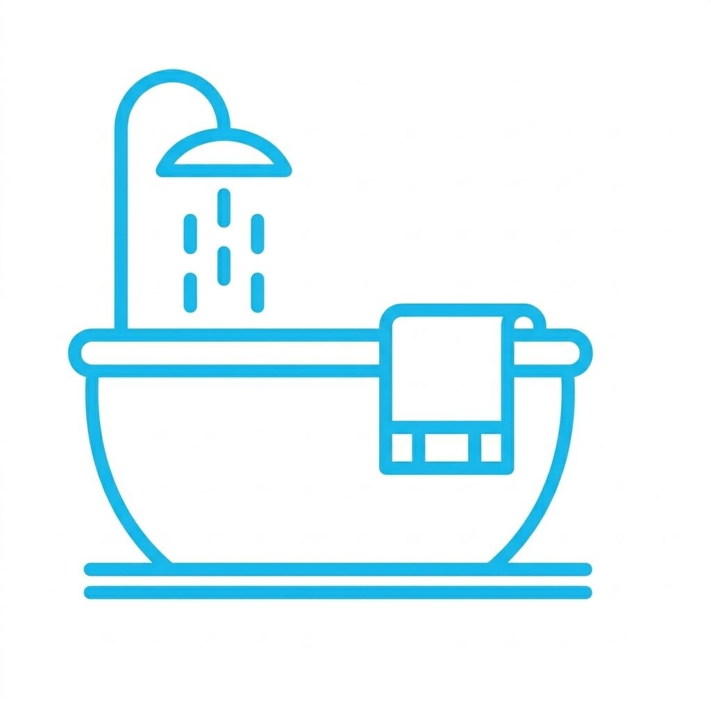 Blue outline of a bathtub with towel and showerhead, set on a white background for bathroom decor.