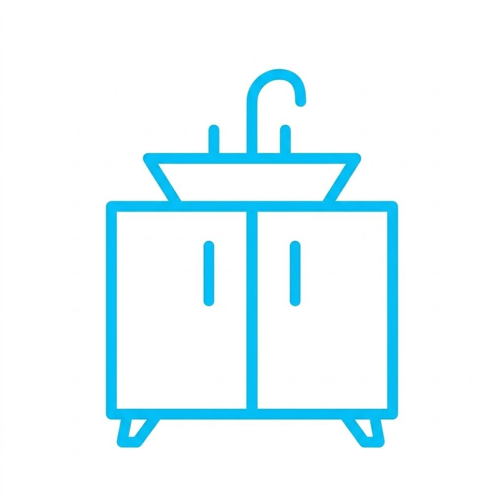 Blue line drawing of a bathroom sink with a cabinet and faucet on a white background for accessibility.