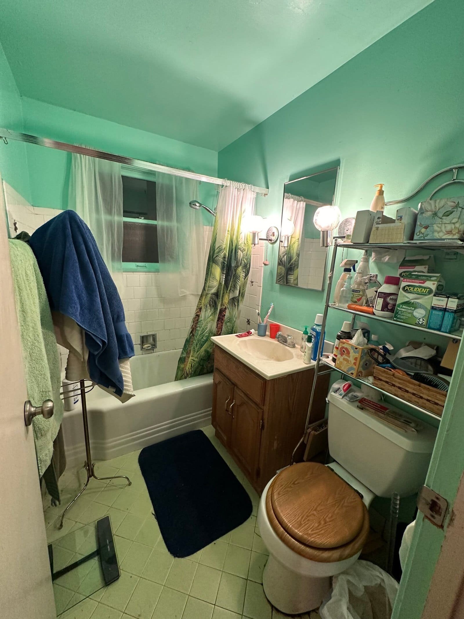 Small bathroom with turquoise walls, shower, sink, toilet with brown seat, and shelf holding toiletries. Small bathroom with turquoise walls, shower, sink, toilet with brown seat, and shelf holding toiletries.