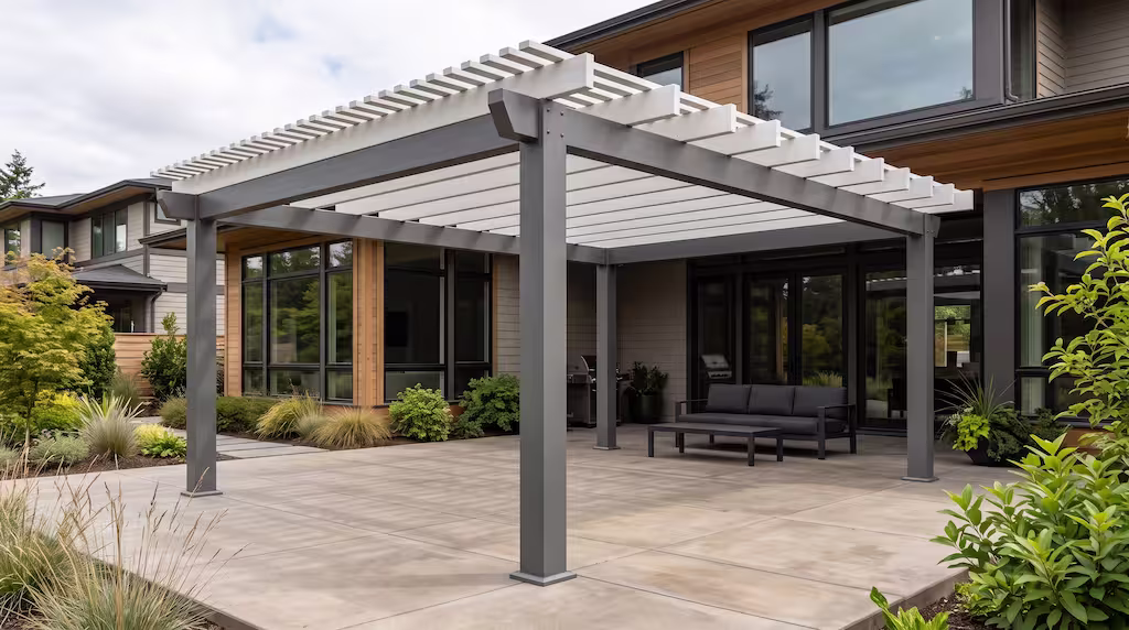 A dark grey and white louvered pergola on a modern patio built by our Bellevue pergola builder.