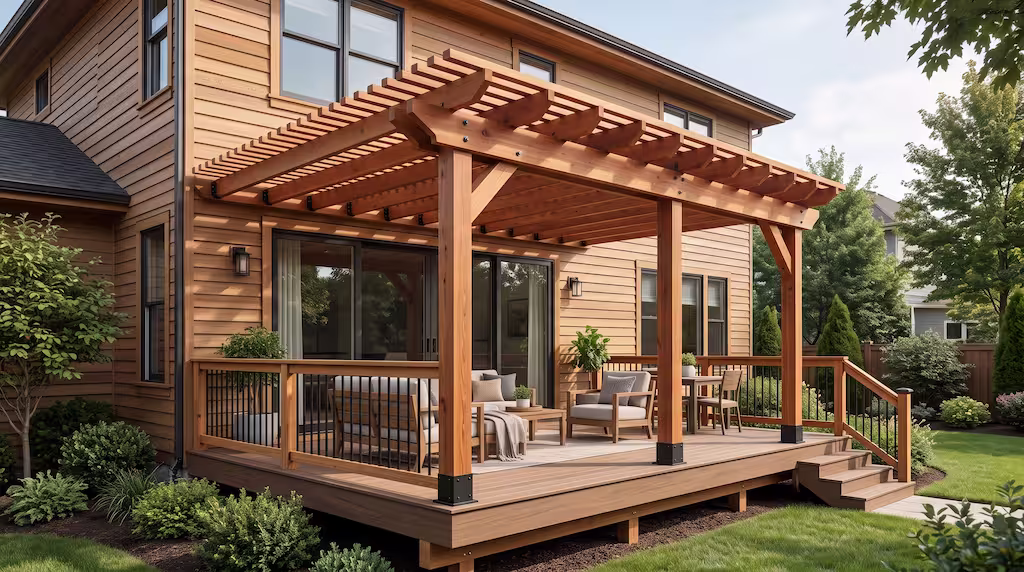 A wooden pergola built by a Bellevue pergola builder shades patio furniture on a backyard deck.