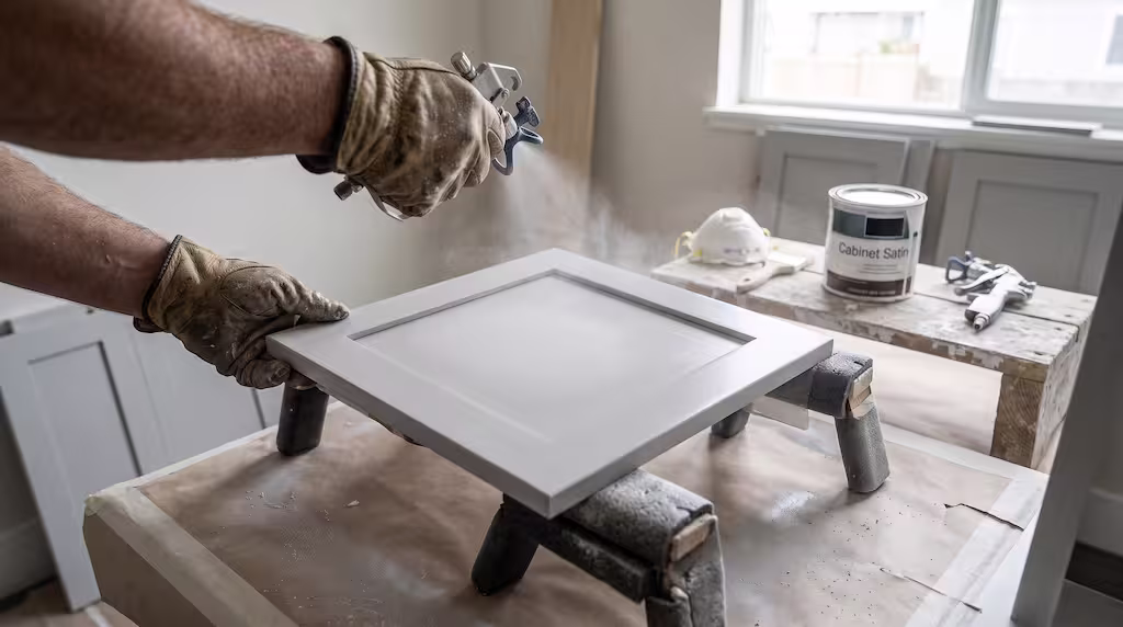 A person in work gloves uses a spray gun to paint an interior cabinet door.