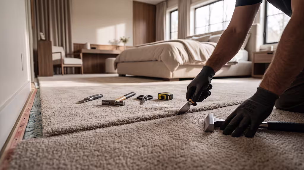 A worker in black gloves uses a tool to install bedroom carpet.