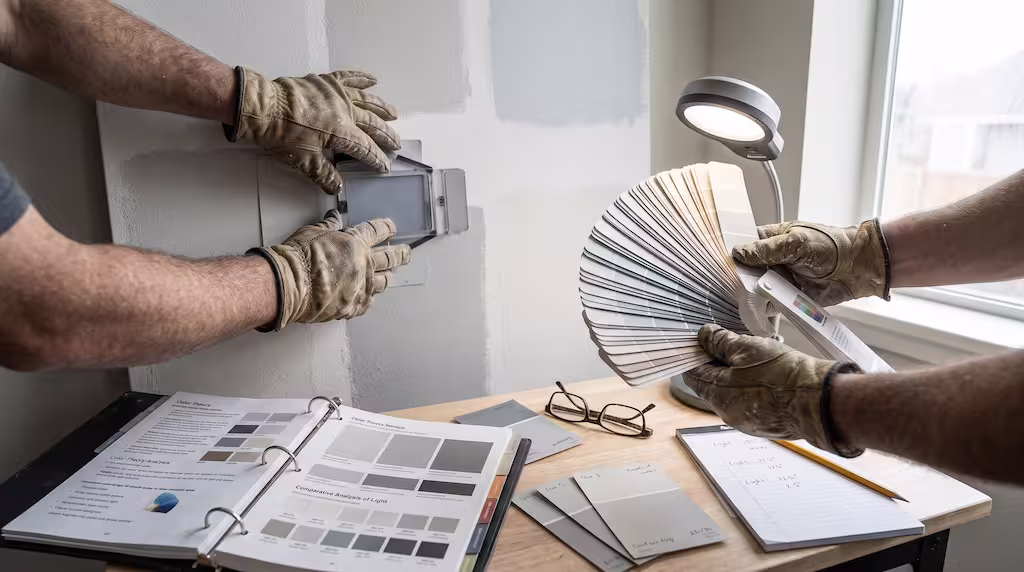 Hands in work gloves test paint swatches on a wall while comparing them to a color fan deck.
