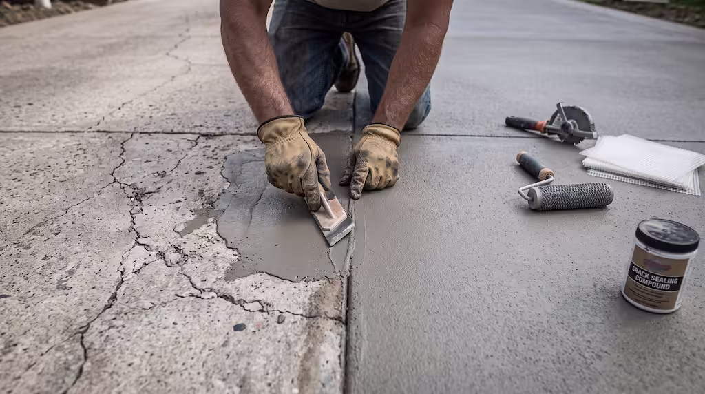 A worker uses a trowel to apply crack sealing compound to a concrete driveway.