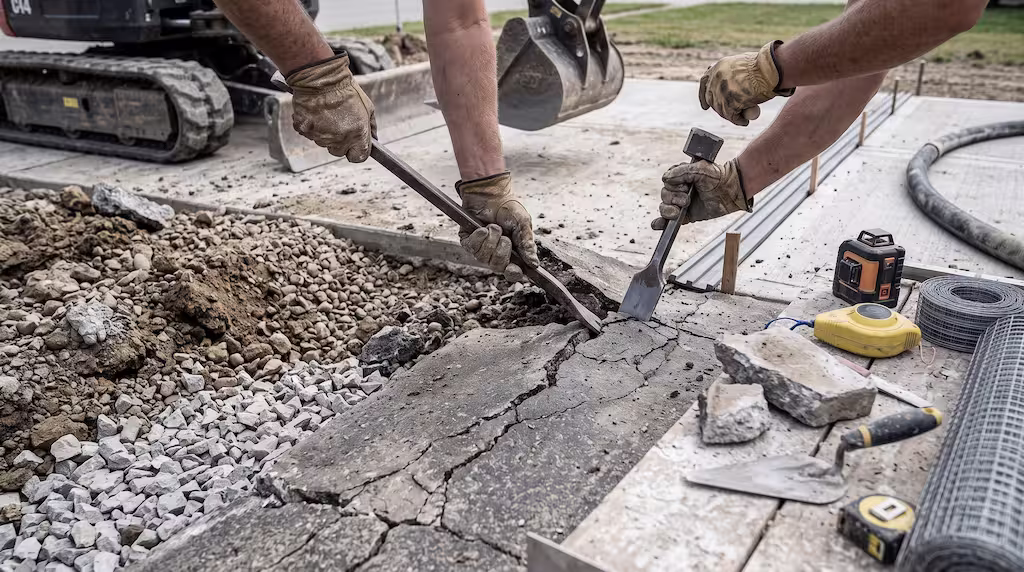 Two construction workers use a pry bar and chisel to break apart a section of cracked concrete driveway.
