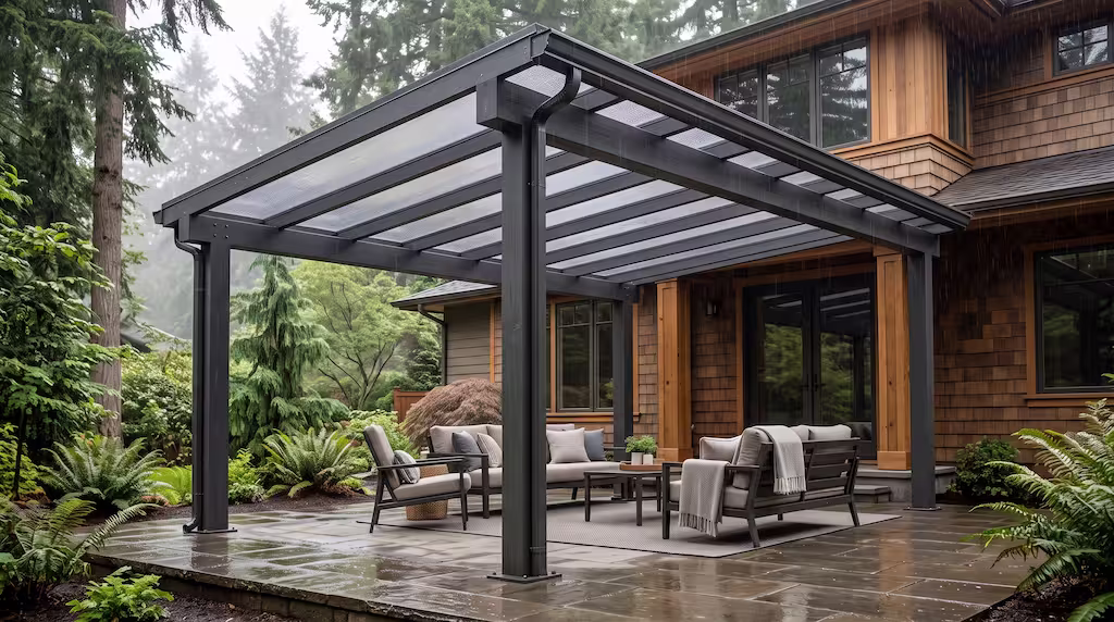 Modern metal pergola by a Bellevue builder with a glass roof over a patio in a rainy garden.