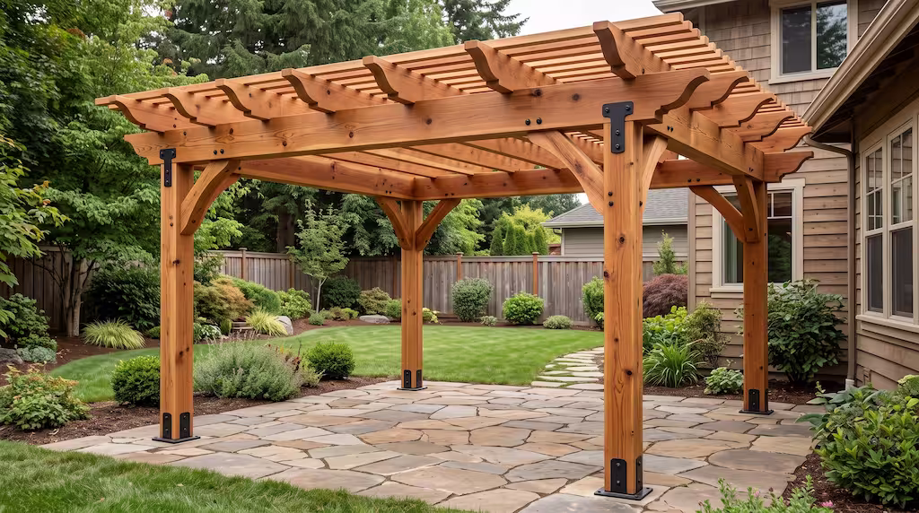 A wooden pergola built by a Bellevue pergola builder sits on a backyard flagstone patio.