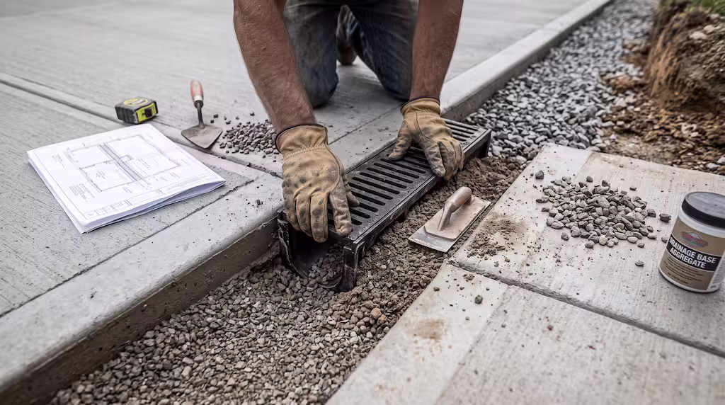 A construction worker installs a drainage grate into a gravel bed beside a concrete driveway.