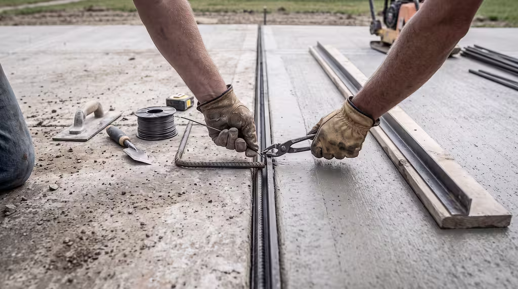 A worker uses pliers to secure rebar along a control joint in fresh driveway concrete.
