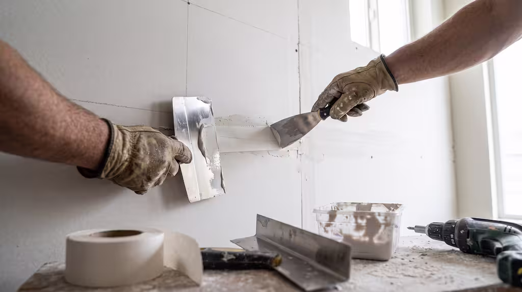 A drywall contractor uses metal taping knives to apply joint compound to a seam with gloved hands.