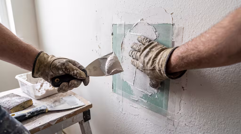 A drywall contractor repairs a wall patch by using a putty knife to apply plaster over mesh tape.