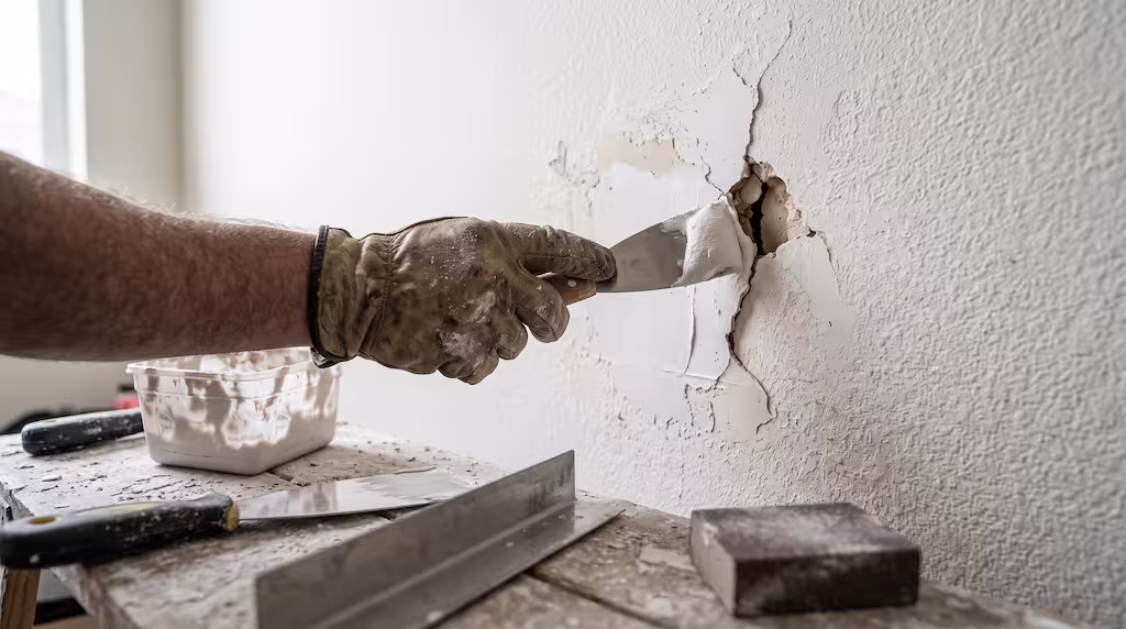 A person wearing a glove uses a putty knife to patch a wall crack and hole before painting.