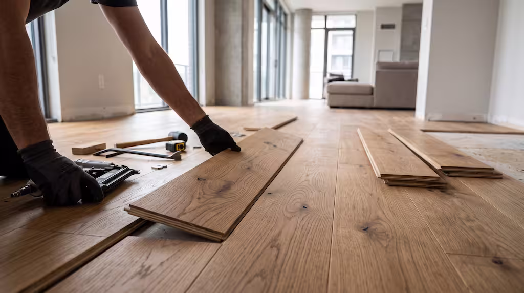 A gloved person installs hardwood floor planks in a living room like a Bellevue Pergola Builder.