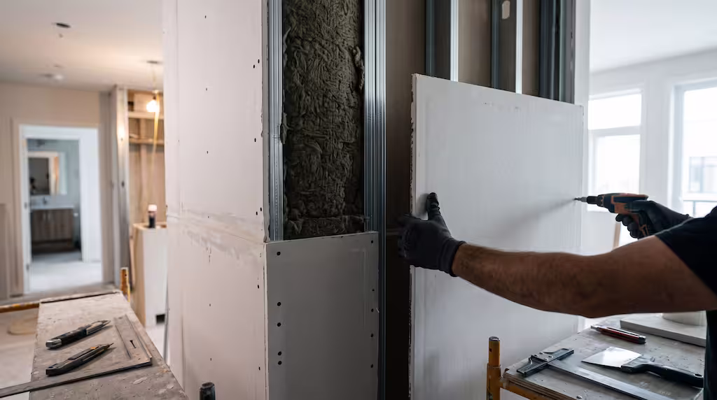 A drywall contractor in gloves uses a drill to secure panels to metal wall studs.